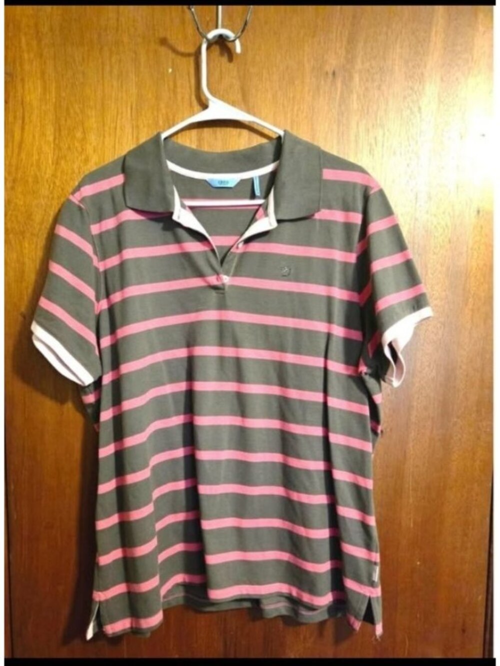 Izod Womens Polo Shirt 1X Green & Pink Striped Short Sleeve Cotton Blend